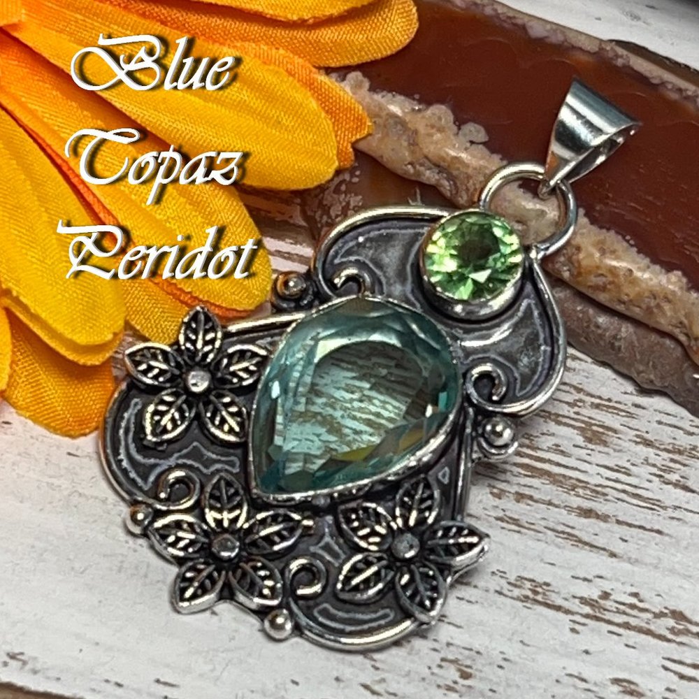 Blue Topaz Peridot Pendant Gemstone Handmade Statement 925 Silver Boho Ethnic - Picture 2 of 8